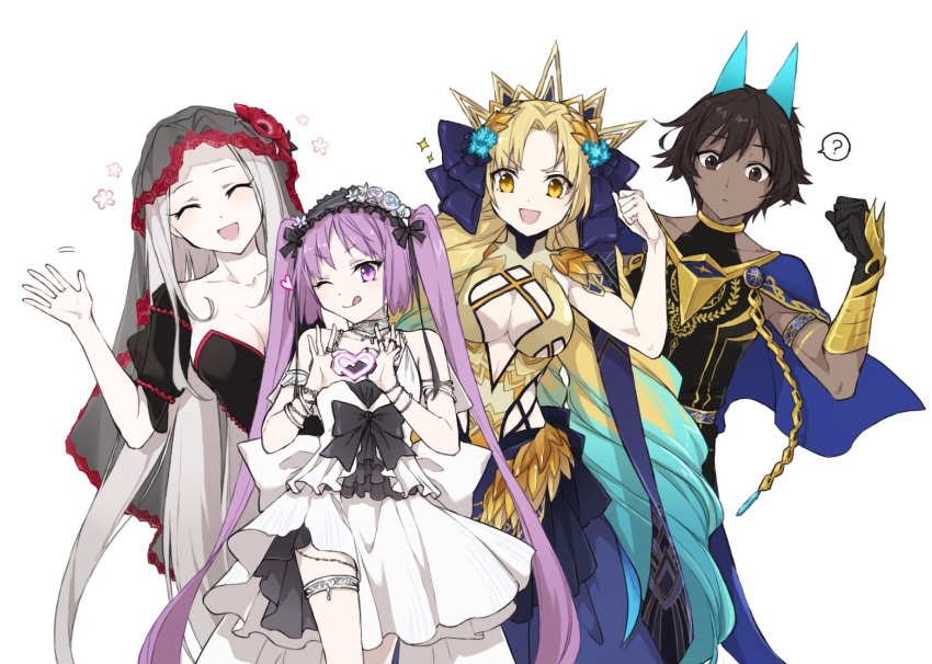 1boy 3girls ? arjuna_(fate) arjuna_alter_(fate) armlet astraea_(fate) bare_shoulders black_dress black_gloves black_hair black_tank_top blonde_hair blue_capelet blue_hair blue_ribbon blush bracer breasts brown_eyes capelet center_opening chain cleavage collarbone dark-skinned_male dark_persona dark_skin dress drill_hair euryale_(fate) fate/grand_order fate/hollow_ataraxia fate_(series) flexing frilled_hairband frills gloves gold_leotard gradient_hair hair_ornament hair_ribbon hairband heart heart_hands highleg highleg_leotard horns irisviel_von_einzbern irisviel_von_einzbern_(the_black_grail) jewelry kino_kokko large_breasts leotard long_hair looking_at_viewer multicolored_hair multiple_girls neck_ring one_eye_closed open_mouth parted_bangs purple_eyes purple_hair quad_drills ribbon ring sidelocks small_breasts smile sparkle tail tank_top thighlet thighs tongue tongue_out twintails veil very_long_hair white_dress white_hair yellow_eyes