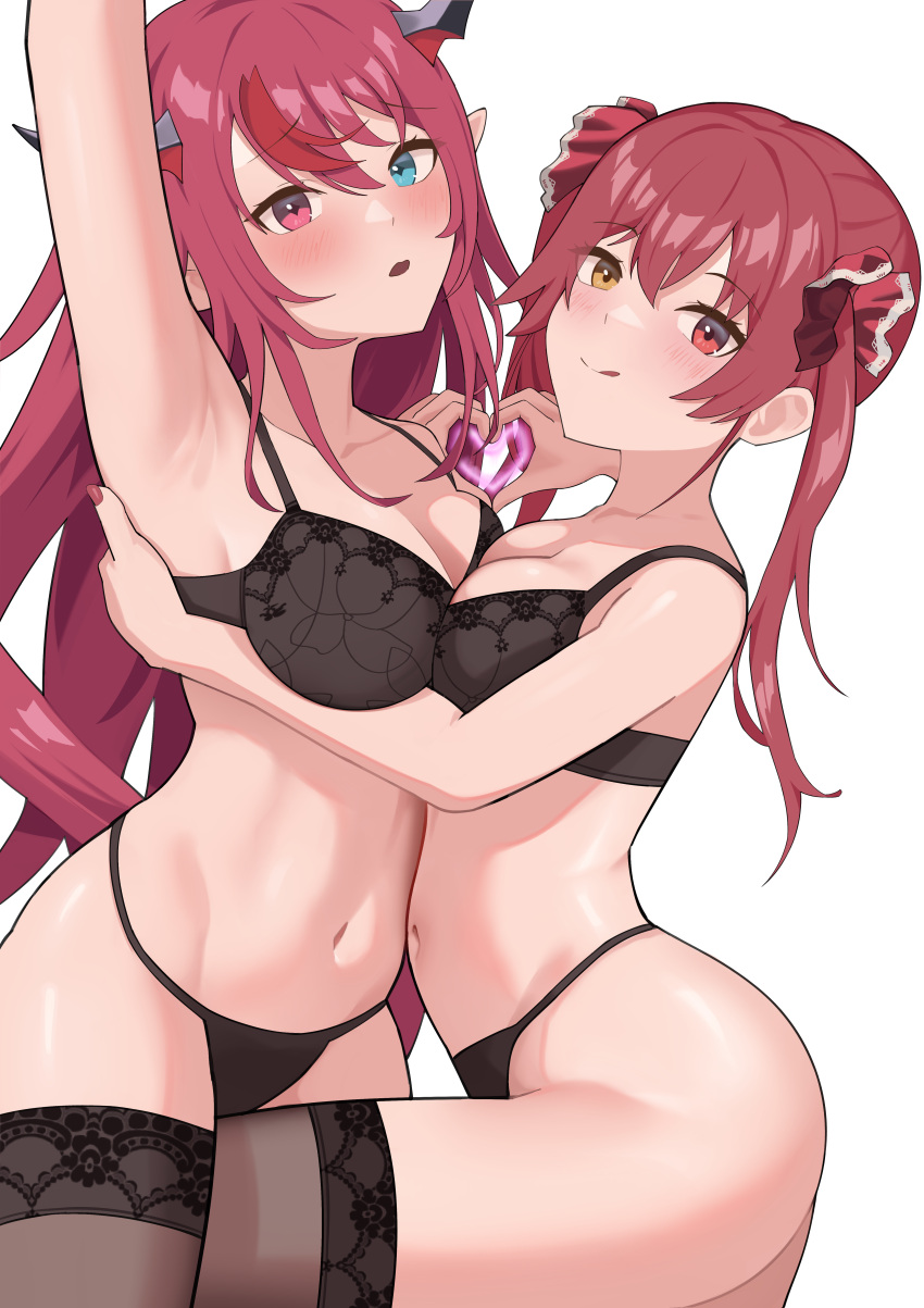 2girls absurdres armpits black_panties blue_eyes blush bra breasts cleavage heart heterochromia highres hololive hololive_english horns houshou_marine irys_(hololive) large_breasts lingerie long_hair looking_at_viewer multiple_girls navel open_mouth panties pointy_ears presenting_armpit red_eyes red_hair shift_(shiftillust) smile stomach thighhighs underwear virtual_youtuber yellow_eyes