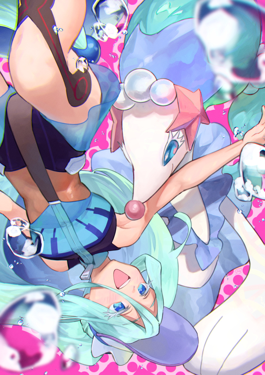 1girl :d absurdres bare_arms blue_eyes blue_vest blurry blurry_foreground bossan_3310 colored_eyelashes commentary_request crossover green_hair hair_between_eyes happy hatsune_miku highres long_hair looking_to_the_side open_mouth outstretched_arm pink_background pokemon pokemon_(creature) primarina shorts smile teeth twintails upper_teeth_only vest visor_cap vocaloid water_drop zipper_pull_tab