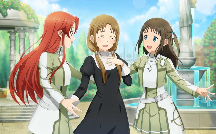 3girls :d black_dress blue_eyes blue_ribbon blurry blurry_background brown_hair closed_eyes day dress frenica_szeski green_shirt green_skirt hair_ribbon lens_flare long_hair long_sleeves low_twintails miniskirt multiple_girls nun open_mouth outdoors pleated_skirt red_eyes red_hair ribbon ronye_arabel shirt skirt smile standing straight_hair sword_art_online tiese_schtrinen twintails