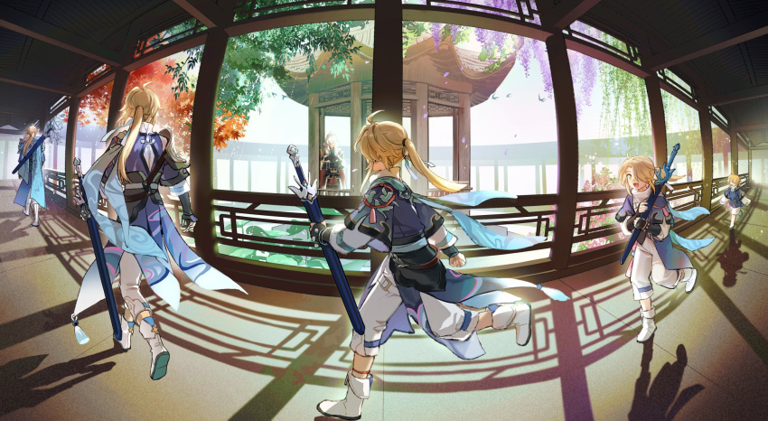 2boys age_progression aged_down aged_up ahoge architecture autumn blonde_hair boots chinese_clothes closed_eyes cyotsy east_asian_architecture fisheye flower gazebo highres holding holding_sword holding_weapon honkai:_star_rail honkai_(series) jing_yuan long_hair multiple_boys ponytail running spring_(season) summer sword time_paradox weapon white_footwear white_hair winter wisteria yanqing_(honkai:_star_rail) yellow_eyes