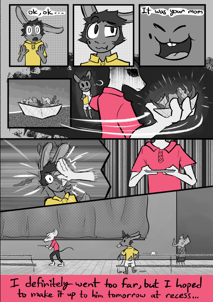 2023 absurd_res anthro beauchamp_(halcyon) cafeteria clothed clothing comic digital_media_(artwork) duo english_text food fur hair halcyon_(series) herba_(halcyon) hi_res lagomorph leporid looking_at_viewer lost_andsafe male male/male mammal monochrome mouse murid murine open_mouth rabbit rodent simple_background text