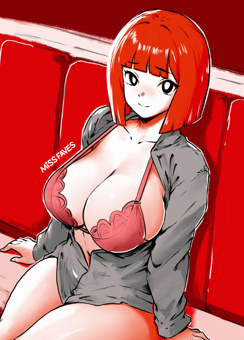 1girl alternate_breast_size blunt_bangs blunt_ends bra breasts bright_pupils brown_eyes cleavage closed_mouth collarbone collared_shirt english_commentary grey_shirt highres huge_breasts long_sleeves looking_at_viewer mature_female mcdonald's missfaves mother_(yoru_mac) navel orange_hair partially_unbuttoned pink_bra shirt short_hair sideboob sitting smile solo thighs twitter_username underwear white_pupils yoru_mac