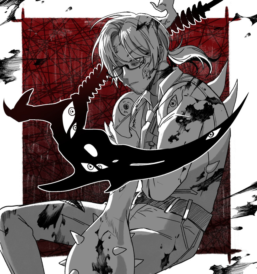 1boy blood blood_on_clothes doing_yisang e.g.o_(project_moon) extra_eyes gregor_(limbus_company) highres limbus_company looking_at_viewer male_focus monochrome nothing_there oversized_limbs project_moon short_hair solo_focus thorns