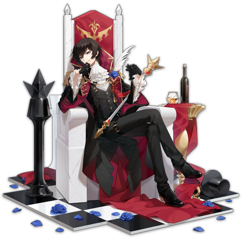 1boy artist_request black_footwear black_gloves blue_flower blue_rose bottle brown_hair cape chess_piece code_geass flower glass gloves highres holding holding_chess_piece holding_scepter king_(chess) lelouch_vi_britannia looking_at_viewer mahjong_soul male_focus official_art pants petals purple_eyes rose scepter short_hair sitting solo table throne transparent_background