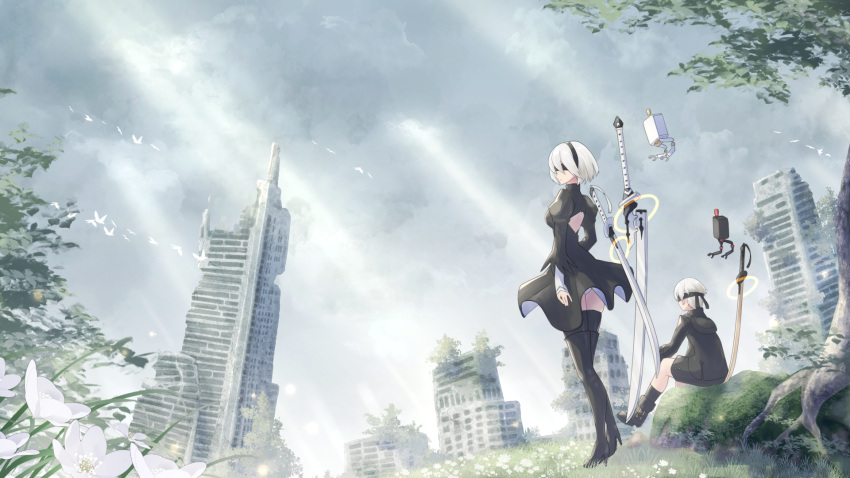1boy 1girl back_cutout blindfold boots clothing_cutout cloud cloudy_sky commentary dress from_behind high_heel_boots high_heels highres juliet_sleeves light_rays long_sleeves marian_oekaki nier:automata nier_(series) panties pantyshot puffy_sleeves ruins short_hair shorts shoulder_cutout sky socks sunlight sword thigh_boots thighhighs tree underwear weapon yorha_no._2_type_b yorha_no._9_type_s