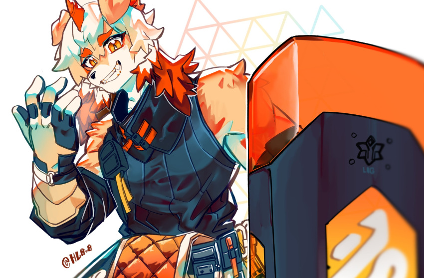 2023 5_fingers anthro arknights canid canine canis clothed clothing domestic_dog fingers fur gloves hair handwear hi_res hl0w0 horn hung_(arknights) hypergryph looking_at_viewer male mammal orange_hair orange_horn shield smile solo studio_montagne tan_body tan_fur white_body white_fur white_hair yellow_eyes