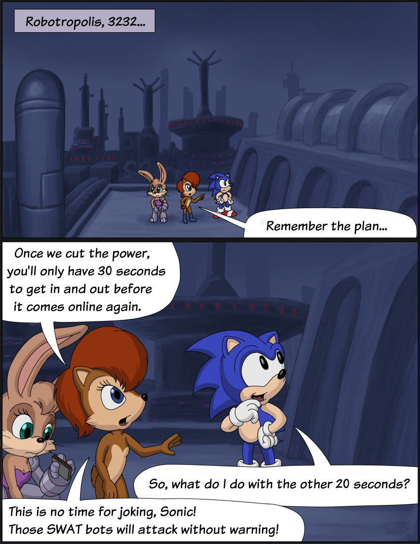 absurd_res anthro archie_comics bunnie_rabbot city cityscape comic dystopian eulipotyphlan female ground_squirrel group hedgehog hi_res lagomorph leporid male mammal omatic rabbit robotic_limb rodent sally_acorn sciurid sega sonic_the_hedgehog sonic_the_hedgehog_(archie) sonic_the_hedgehog_(comics) sonic_the_hedgehog_(series) trio whoreomatic