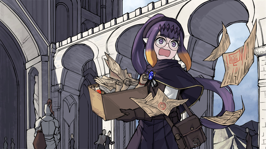 1girl absurdres blue_brooch box brown_bag brown_gloves building fang glasses gloves gradient_hair headpiece highres holding holding_box hololive hololive_english ice_(10222) knight long_hair multicolored_hair ninomae_ina'nis open_mouth orange_hair paper_stack pleated_skirt pointy_ears ponytail purple_eyes purple_hair purple_skirt round_eyewear scroll shirt skirt sky solo_focus tentacle_hair vial virtual_youtuber white_shirt