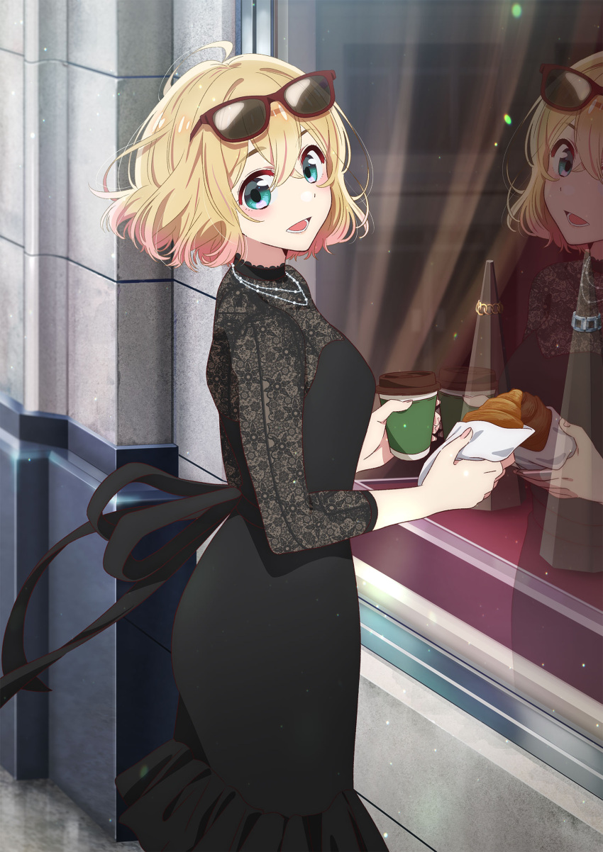 1girl :d absurdres black_dress blonde_hair blue_eyes croissant cup disposable_cup dress eyewear_on_head food glasses highres hirayama_kanna holding holding_cup holding_food jewelry kanojo_okarishimasu long_sleeves looking_at_viewer nanami_mami necklace official_art open_mouth outdoors reflection short_hair smile solo standing sunglasses window