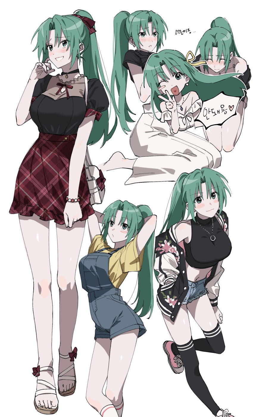 2girls absurdres arms_up black_shirt blue_shorts bracelet breasts cleavage closed_eyes collarbone dress earrings fingernails full_body green_eyes green_hair hand_in_pocket highres higurashi_no_naku_koro_ni jewelry korean_commentary large_breasts legs long_hair looking_at_viewer multiple_girls multiple_views navel necklace nonanonnon6u6 one_eye_closed open_mouth parted_bangs parted_lips ponytail sandals shirt shorts siblings simple_background sisters sitting smile sonozaki_mion sonozaki_shion toeless_footwear toenails toes twins v white_background