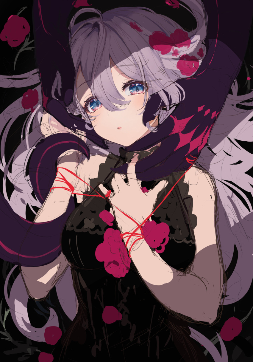 1boy 1girl ao_no_neko black_dress blue_eyes blush commentary_request dragon_tail dress hand_in_another's_hair hand_on_own_chest hands_on_another's_cheeks hands_on_another's_face hetero highres long_hair original parted_lips pink_eyes purple_hair sketch solo_focus string string_of_fate tail tail_wrap two-tone_eyes very_long_hair