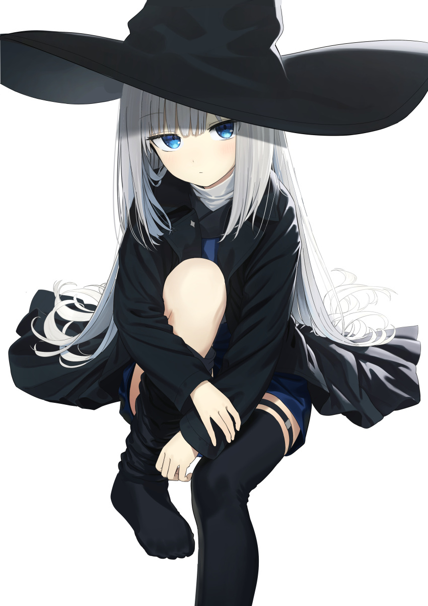1girl absurdres black_coat black_headwear black_thighhighs blue_dress blue_eyes blush closed_mouth coat dress grey_hair hair_between_eyes hat highres hugging_own_legs invisible_chair long_hair long_sleeves looking_at_viewer open_clothes open_coat original simple_background sitting solo thigh_strap thighhighs turtleneck very_long_hair wasabi60 white_background witch_hat