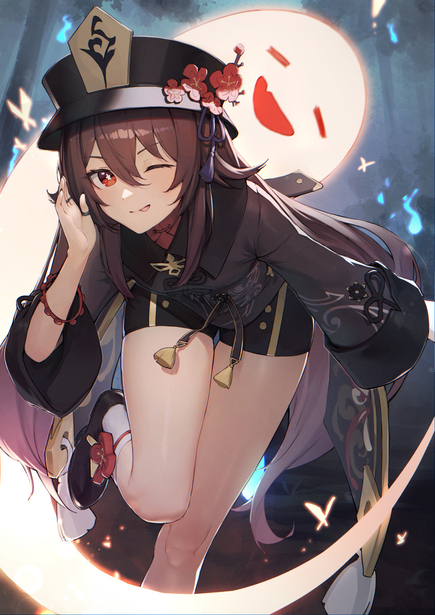 1girl ;p absurdres alaskastomatoez bare_legs bent_over black_nails black_shorts boo_tao_(genshin_impact) bracelet brown_hair chinese_clothes flower genshin_impact ghost hand_up hat hat_flower highres hu_tao_(genshin_impact) jewelry leaning_forward long_hair looking_at_viewer one_eye_closed plum_blossoms porkpie_hat red_eyes revision ring shorts solo symbol-shaped_pupils tassel_hat_ornament thighs tongue tongue_out twintails very_long_hair