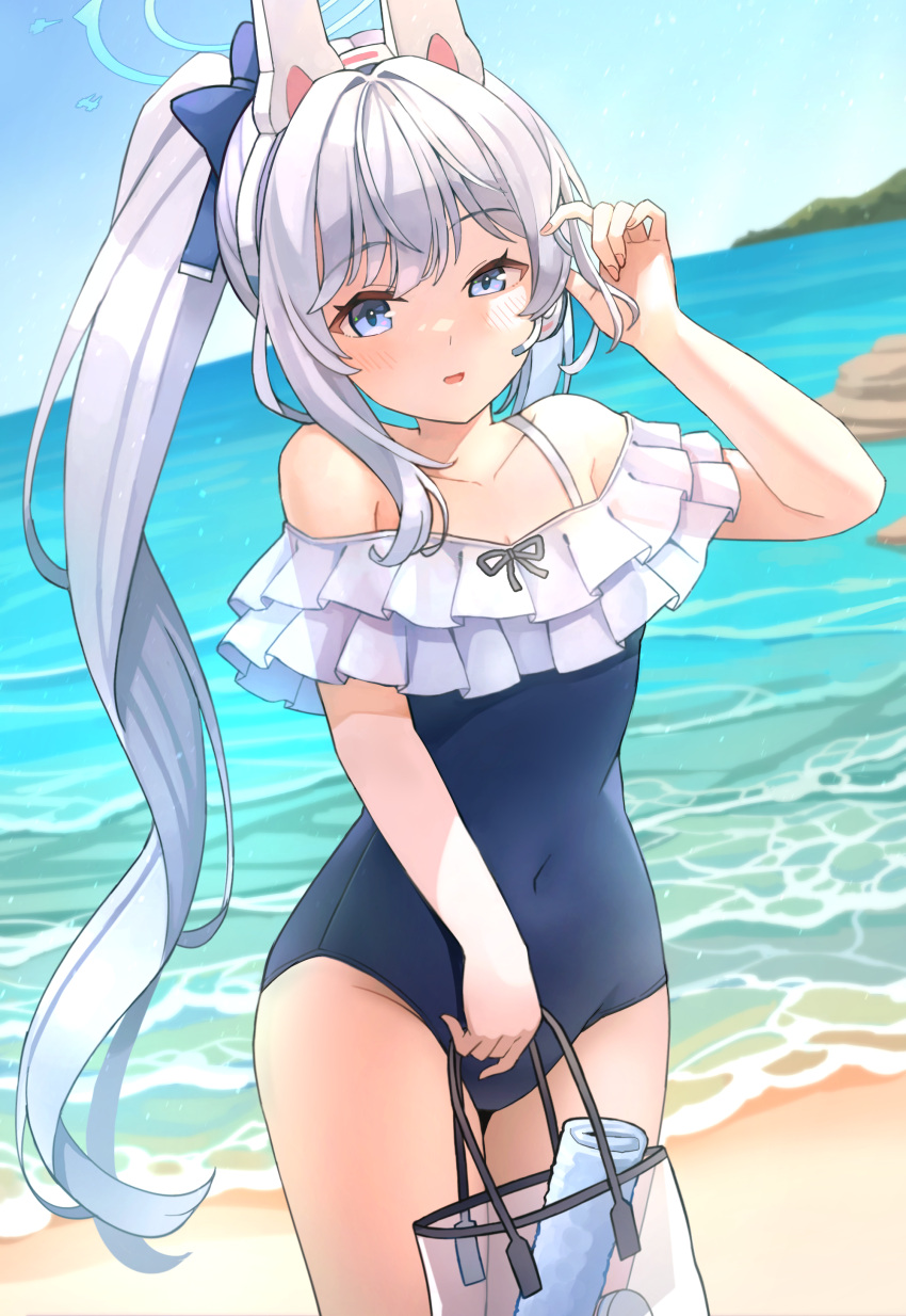 1girl absurdres animal_ears bare_legs bare_shoulders beach black_one-piece_swimsuit blue_archive blue_eyes blue_halo blush collarbone covered_navel cowboy_shot day fake_animal_ears frilled_one-piece_swimsuit frills grey_hair half-closed_eye halo highres long_hair looking_at_viewer miyako_(blue_archive) miyako_(swimsuit)_(blue_archive) nomio ocean one-piece_swimsuit open_mouth outdoors ponytail rabbit_ears smile solo swimsuit