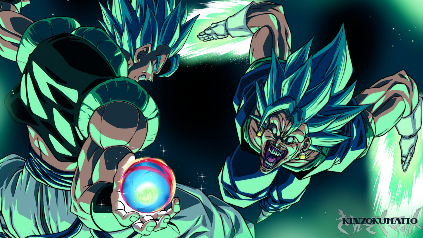 2boys absurdres artist_name bare_shoulders black_jacket blank_eyes blue_eyes blue_hair blue_sash clenched_teeth doppelganger dougi dragon_ball dragon_ball_super earrings energy_blade evil_eyes fighting gloves gogeta highres jacket jewelry kinzokumatto leaning_forward mandela_catalogue metamoran_vest multiple_boys muscular muscular_male no_pupils open_clothes open_jacket pants potara_earrings sash sleeveless sleeveless_jacket spiked_hair stardust_breaker super_saiyan super_saiyan_blue teeth vegetto white_gloves white_pants wrinkled_skin wristband