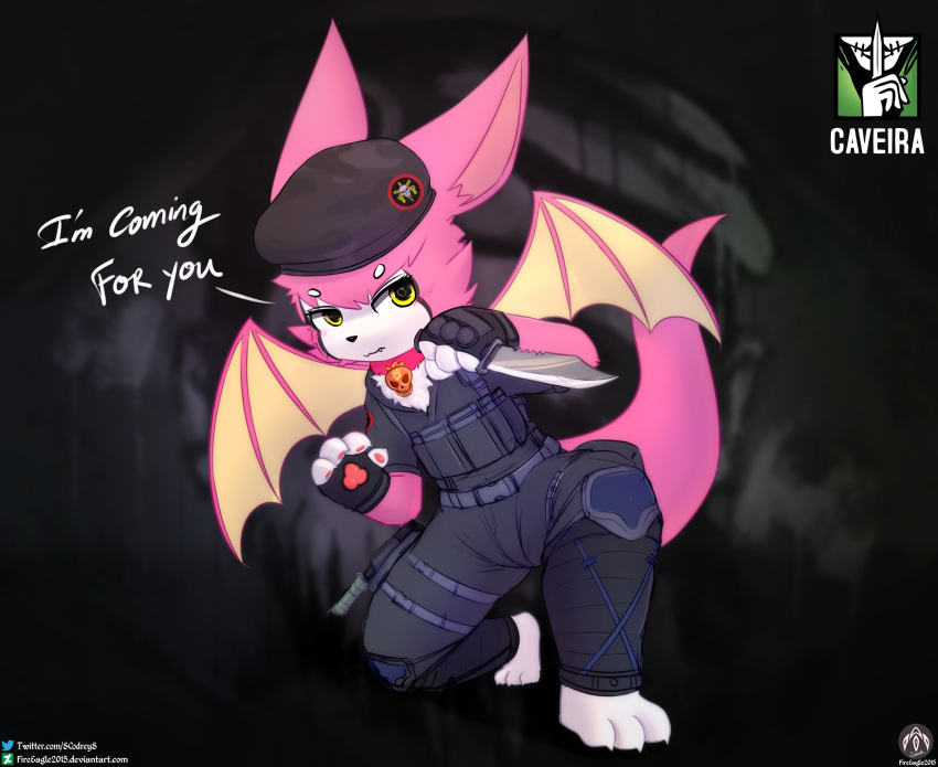 absurd_res ambiguous_gender anthro bat bone bope caveira clothing collar dust:_an_elysian_tail gloves handwear hat headgear headwear hi_res knife lune_(lunesnowtail) mammal military_uniform nimbat pawpads pose rainbow_six:_siege senz skull solo suit text uniform weapon