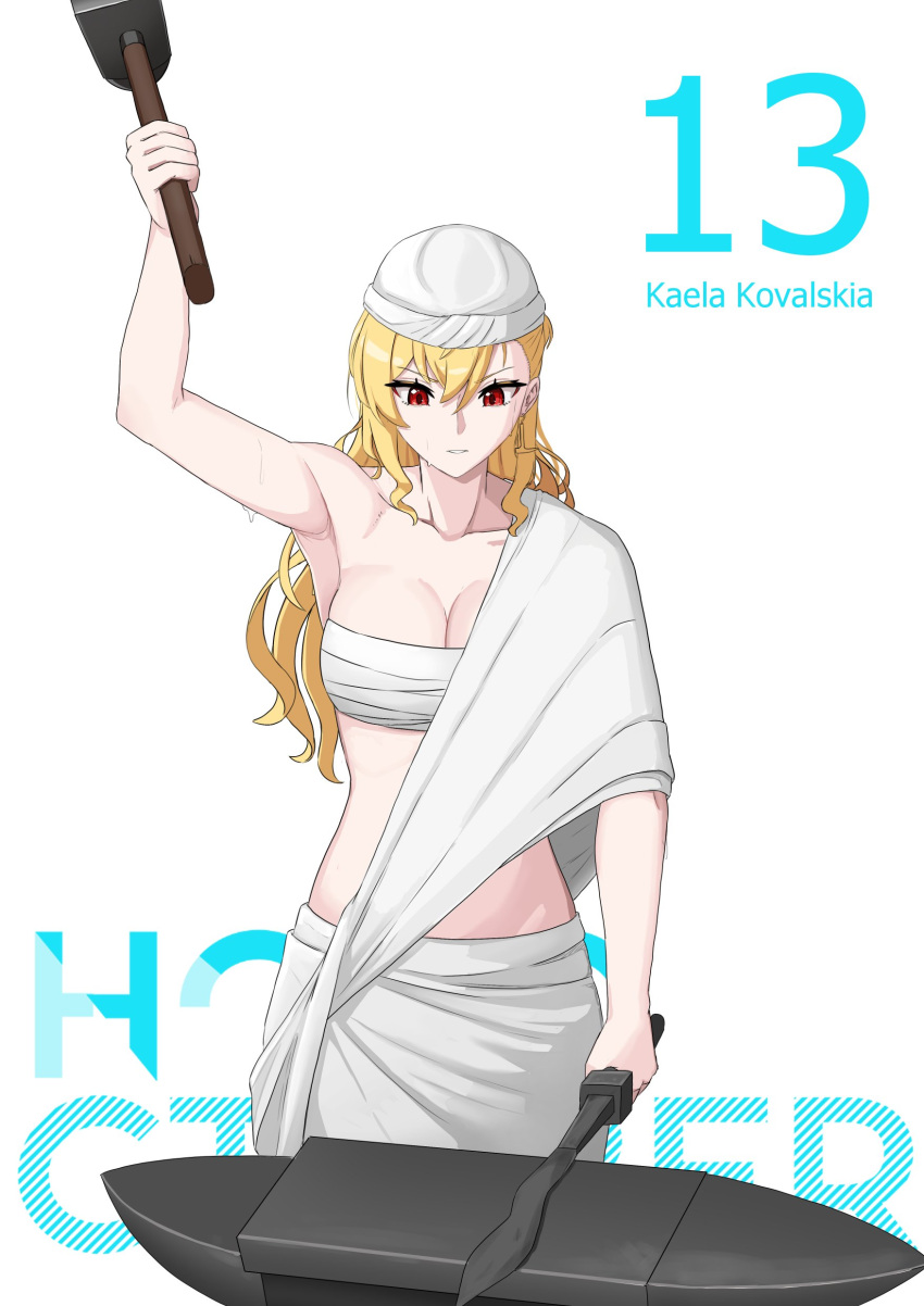 1girl absurdres anvil arm_up blacksmith blonde_hair breasts character_name chest_sarashi collarbone earrings hammer highres holding holding_hammer hololive hololive_indonesia jewelry kaela_kovalskia kuon_bb red_eyes sarashi solo sweat white_headwear