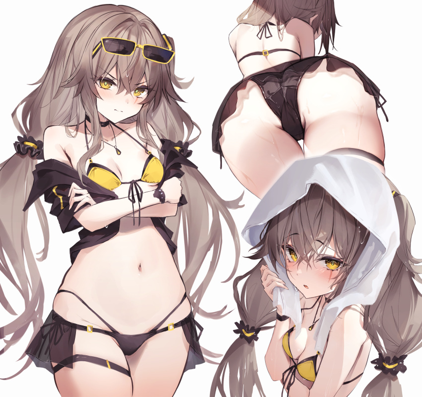 1girl absurdres bare_shoulders bikini bikini_skirt black_jacket breasts brown_hair collarbone commentary_request crossed_arms diieru from_below front-tie_bikini_top front-tie_top girls'_frontline highres jacket jewelry long_hair looking_at_viewer multiple_views navel necklace off_shoulder one_side_up scar scar_across_eye short_sleeves side-tie_bikini_bottom simple_background small_breasts stomach swimsuit thigh_strap towel towel_on_head twintails ump45_(girls'_frontline) upper_body white_background yellow_bikini yellow_eyes