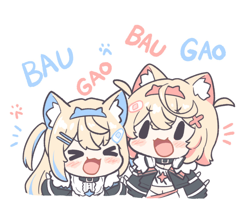 &gt;_&lt; 2girls :d animal_ear_fluff animal_ears bandaid_hair_ornament belt_collar blonde_hair blue_hair blush chibi closed_eyes collar commentary dog_ears english_text facing_viewer fuwawa_abyssgard hair_ornament hairclip highres hololive hololive_english long_hair long_sleeves mococo_abyssgard multicolored_hair multiple_girls notice_lines open_mouth shirt short_hair simple_background smile snowmya streaked_hair two_side_up virtual_youtuber white_background white_shirt x_hair_ornament