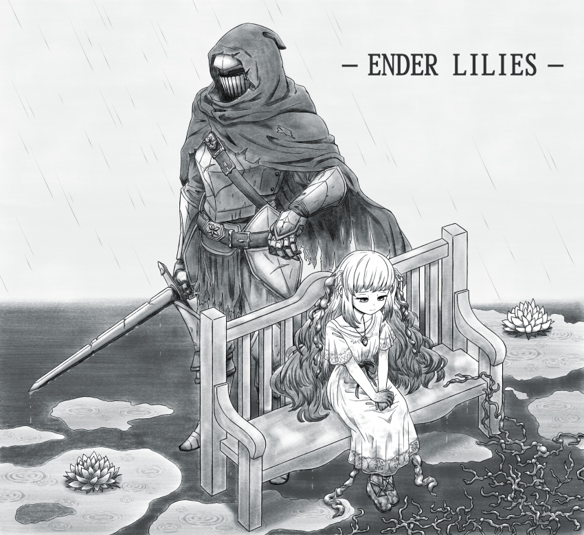1boy 1girl bench cloak commentary_request copyright_name corruption dress ender_lilies_quietus_of_the_knights enutsuu full_body greyscale highres holding holding_sword holding_weapon hood hood_up hooded_cloak jewelry lily_(ender_lilies) long_hair monochrome multicolored_hair necklace own_hands_together pendant puddle rain ripples sitting sword tendril two-tone_hair umbral_knight_(ender_lilies) water_lily_flower weapon