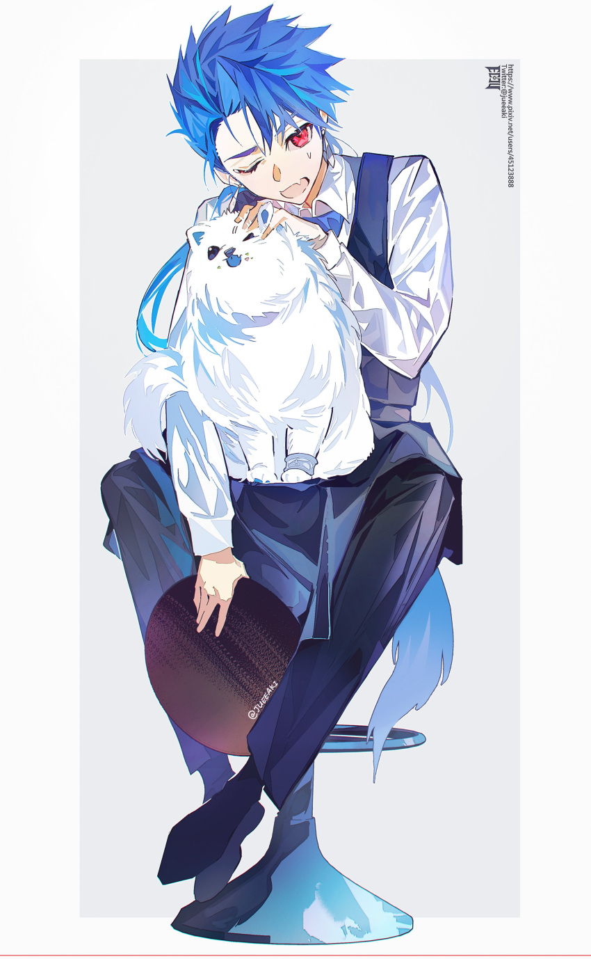 1boy absurdres animal asymmetrical_bangs bar_stool bartender blue_hair child cu_chulainn_(fate) dog earrings eeju fate/grand_order fate_(series) full_body highres holding holding_tray jewelry long_hair long_sleeves looking_at_viewer male_child male_focus patting puppy red_eyes samoyed_(dog) setanta_(fate) shirt signature simple_background sitting solo stool sweatdrop tray waistcoat white_background white_dog white_shirt