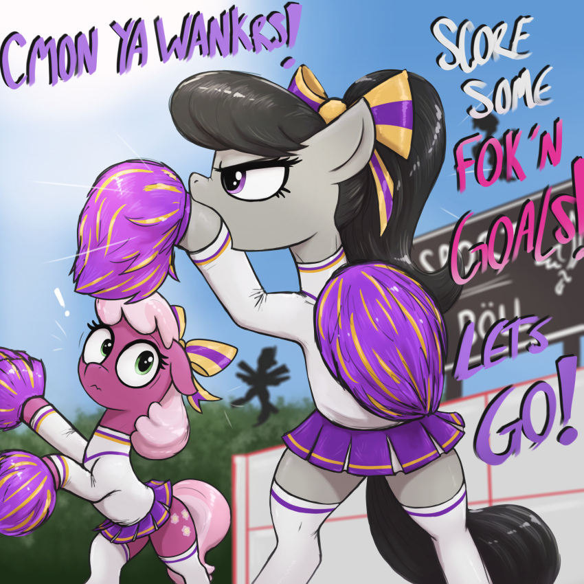 1:1 absurd_res black_hair bottomwear cheerilee_(mlp) cheerleader clothed clothed_feral clothing dialogue duo english_text equid equine female feral friendship_is_magic hair hasbro hi_res mammal my_little_pony octavia_(mlp) pom_poms skirt t72b text