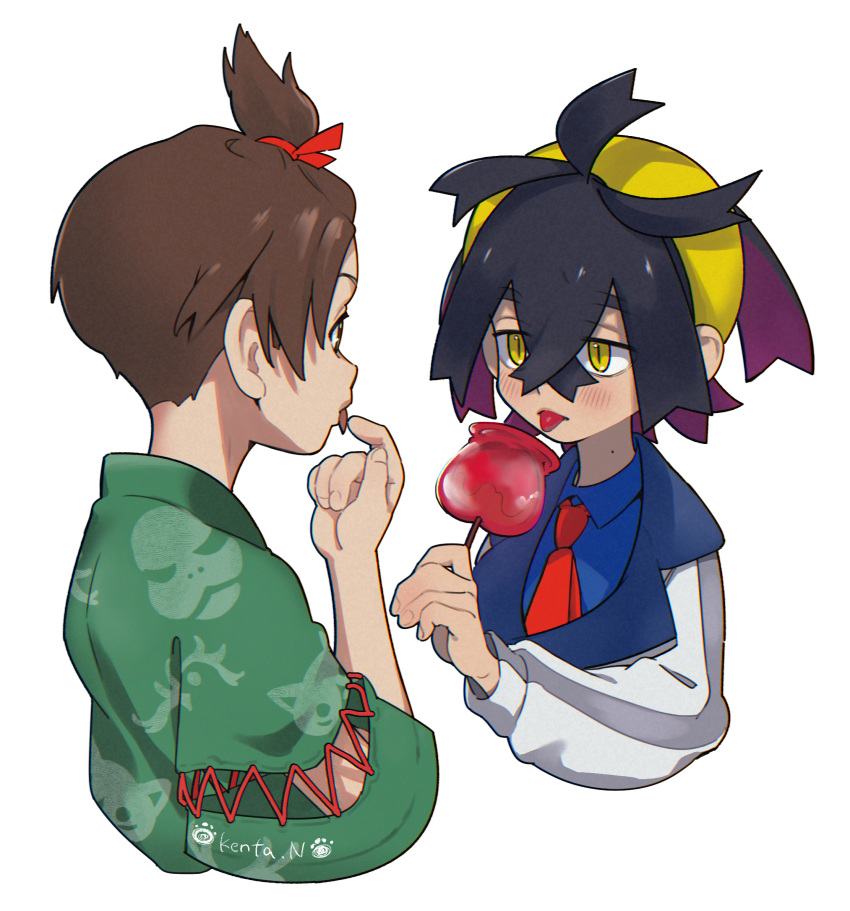 2boys black_hair blue_shirt blush brown_hair candy_apple collared_shirt commentary_request crossed_bangs eating eye_contact florian_(pokemon) food green_shirt hair_between_eyes hairband hand_up highres holding jacket kenta_nagasaki kieran_(pokemon) looking_at_another male_focus multiple_boys necktie partial_commentary pokemon pokemon_(game) pokemon_sv red_necktie shirt short_hair simple_background tongue tongue_out topknot upper_body white_background yellow_hairband