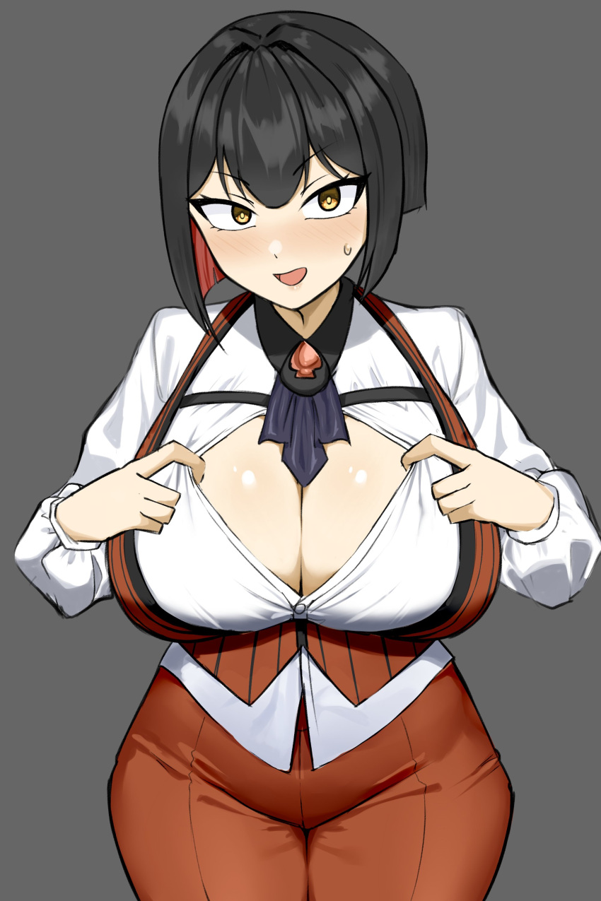 1girl :d absurdres ascot black_hair blush breasts cleavage clothes_pull colored_inner_hair goddess_of_victory:_nikke goma. grey_background hair_intakes highres large_breasts legs multicolored_hair open_clothes open_mouth open_shirt pants red_hair red_pants red_vest rouge_(nikke) shirt short_hair simple_background smile sweatdrop teasing thick_thighs thighs top_pull vest white_shirt yellow_eyes