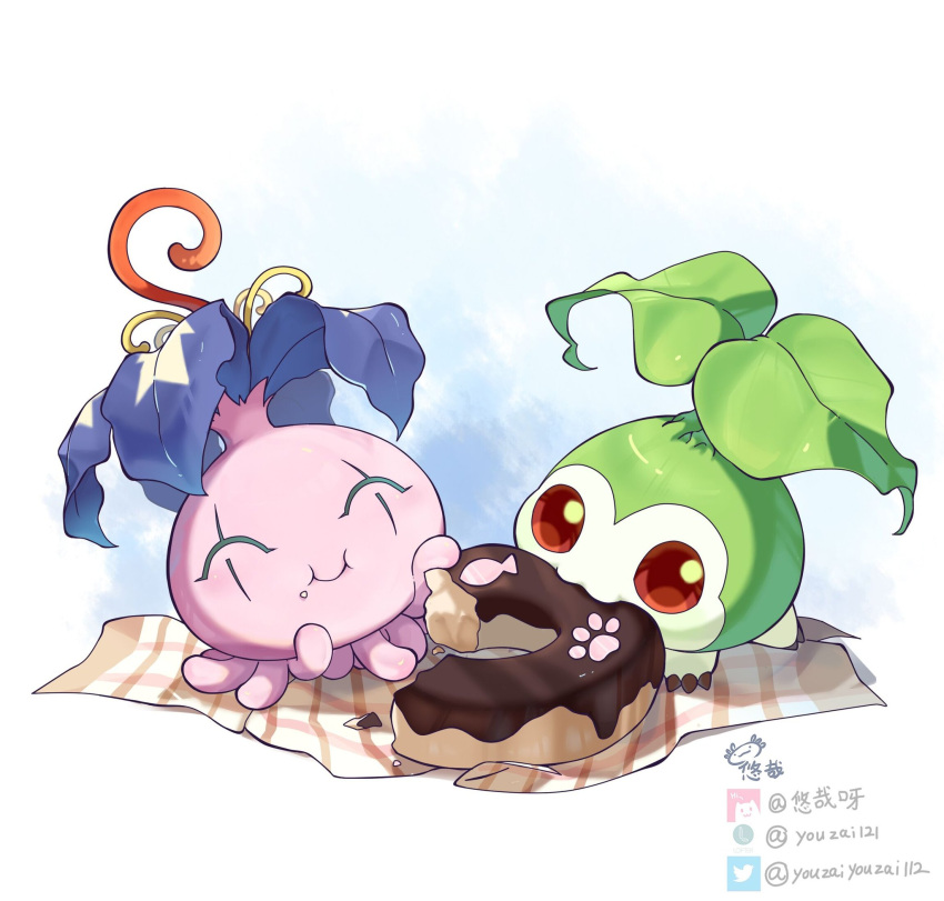 2others artist_name closed_eyes digimon digimon_(creature) doughnut eating food highres leaf multiple_others no_humans plant pyocomon red_eyes tanemon twitter_logo twitter_username watermark youzaiyouzai112