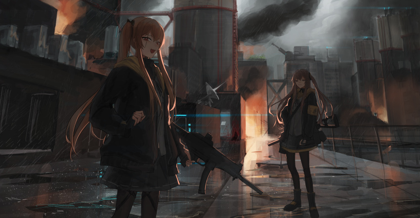 2girls absurdres armband black_bow black_gloves black_jacket black_pantyhose black_ribbon bow brown_eyes brown_hair building city closed_mouth collared_shirt fingerless_gloves fire girls'_frontline gloves grey_skirt gun h&amp;k_ump hair_bow hair_ornament half-closed_eyes hand_up highres holding holding_gun holding_weapon jaaku_(ra_9rara) jacket long_hair long_sleeves looking_at_viewer multicolored_clothes multicolored_jacket multiple_girls neck_ribbon one_side_up open_clothes open_jacket open_mouth outdoors overcast pantyhose pleated_skirt puddle railing rain ribbon satellite_dish scar scar_across_eye shirt shoulder_strap side_ponytail silo skirt sky smile smoke standing submachine_gun two-tone_jacket ump45_(girls'_frontline) ump9_(girls'_frontline) weapon white_shirt yellow_armband yellow_jacket