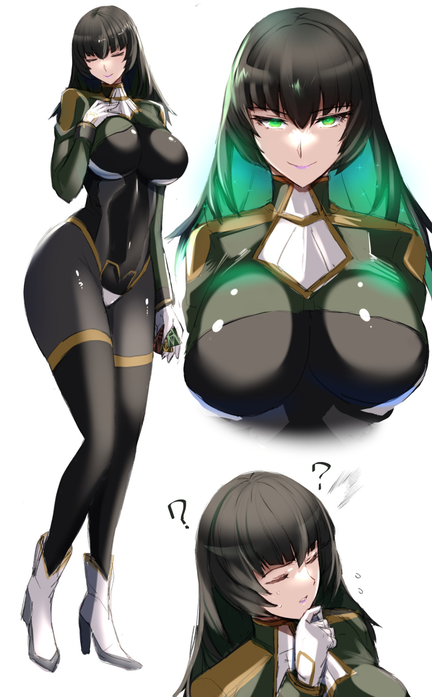 1girl ? allmind_(armored_core_6) armored_core armored_core_6 black_bodysuit black_hair bodysuit boots breasts closed_eyes colored_inner_hair flying_sweatdrops full_body green_eyes green_hair hand_on_own_chest hand_on_own_chin high_heel_boots high_heels highres kumakichi_(cost-lost) large_breasts long_hair looking_at_viewer multicolored_hair multiple_views original personification shrug_(clothing) smile