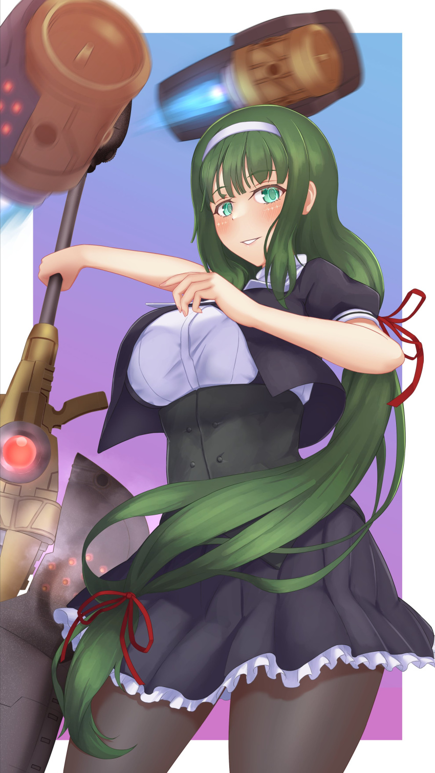1girl absurdres aqua_eyes assault_lily black_skirt blue_background blush border breasts brown_pantyhose commentary_request cowboy_shot cropped_jacket frilled_skirt frills gradient_background green_hair green_ribbon grin hair_ribbon hairband hands_up hasebe_touka highres huge_weapon large_breasts long_hair looking_at_viewer low-tied_long_hair miniskirt motion_blur outside_border pantyhose parted_lips pleated_skirt puffy_short_sleeves puffy_sleeves purple_background ribbon school_uniform shirt short_sleeves sidelocks skirt smile standing ueharu underbust very_long_hair weapon white_border white_hairband white_shirt yurigaoka_girls_academy_school_uniform