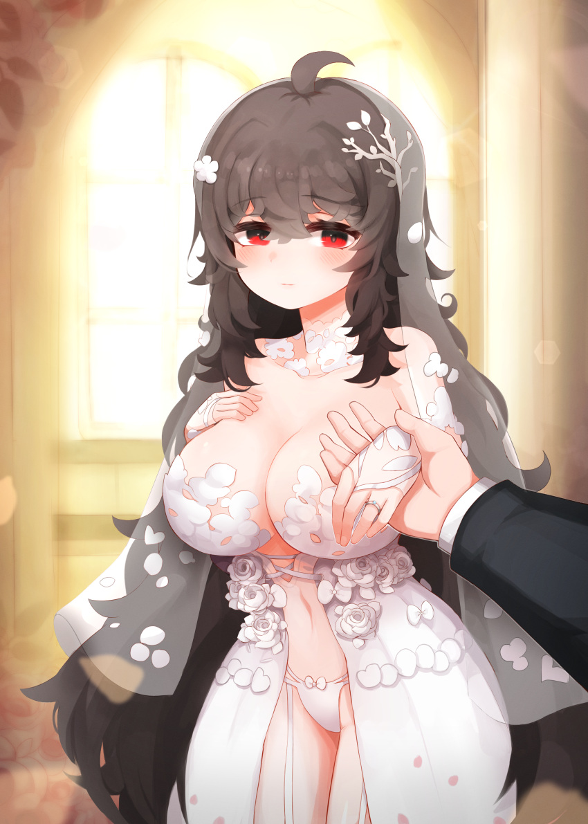 1girl absurdres ahoge backlighting bare_shoulders bloom bow bow_panties breasts bridal_gauntlets bridal_veil bride brown_hair church cleavage closed_mouth dress flower garter_straps gloves groom hair_flower hair_ornament hand_on_own_chest highres holding_hands hwaryeok indoors jewelry large_breasts lens_flare long_hair looking_at_viewer navel original panties pov pov_hands red_eyes revealing_clothes ring rose see-through solo_focus standing strapless strapless_dress tuxedo underwear veil wedding wedding_dress wedding_ring white_dress white_flower white_gloves white_panties white_rose window