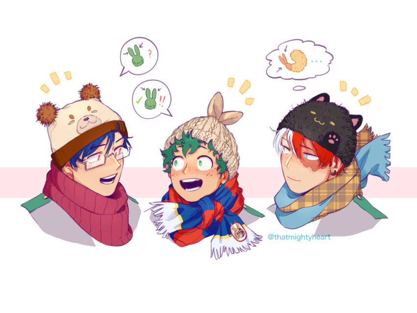 3boys all_might animal_hat black_headwear blue_eyes blue_hair boku_no_hero_academia burn_scar closed_mouth commentary english_commentary freckles glasses green_eyes green_hair hair_between_eyes hat heterochromia iida_tenya looking_at_another male_focus midoriya_izuku multicolored_clothes multicolored_hair multicolored_scarf multiple_boys open_mouth portrait rabbit red_eyes red_hair red_scarf scar scar_on_face scarf school_uniform short_hair shrimp simple_background smile speech_bubble thatmightyheart thought_bubble todoroki_shouto two-tone_hair u.a._school_uniform white_background white_hair