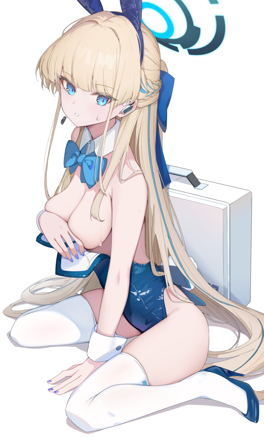 1girl absurdres animal_ears bare_shoulders blonde_hair blue_archive blue_bow blue_eyes blue_footwear blue_hairband blue_leotard bow bowtie braid breasts covering covering_breasts detached_collar fake_animal_ears hairband high_heels highleg highleg_leotard highres hukahire0120 leotard leotard_pull long_hair medium_breasts official_alternate_costume official_alternate_hairstyle open_mouth playboy_bunny rabbit_ears simple_background solo strapless strapless_leotard thighhighs thighs toki_(blue_archive) toki_(bunny)_(blue_archive) very_long_hair white_background white_thighhighs wrist_cuffs
