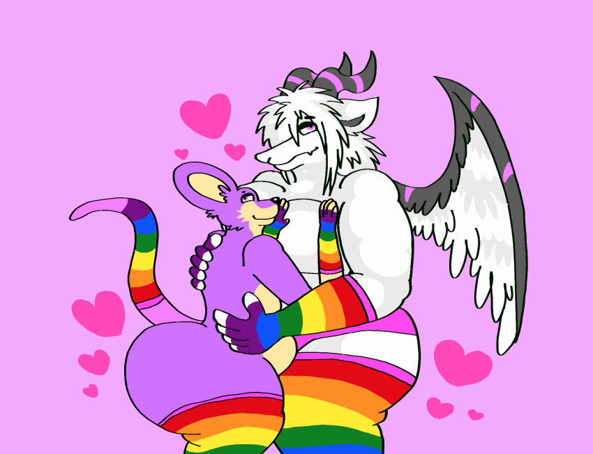 anthro big_butt butt clothing cuddling dahliathefox dragon duo embrace feathered_wings feathers hi_res hug huge_butt hyper hyper_butt lgbt_pride looking_at_viewer looking_pleasured male male/male mammal murid murine pride_color_clothing pride_colors rat ratty_(dahliathefox) rodent romantic romantic_couple siolyse_(elysios) smile smiling_at_viewer thick_thighs wide_hips wings