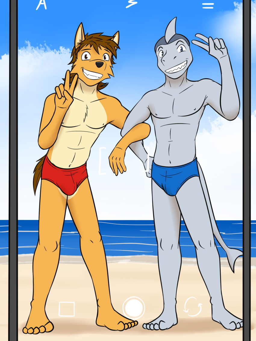 anthro beach bulge camera_view canid canine canis cellphone clothed clothing coyote duo entwined_arms fish fuze gesture hi_res ian_dela_cruz male mammal marine mond_reyes navel nipples outside phone pose sea seaside shark speedo speedo_only swimwear texnatsu topless v_sign water