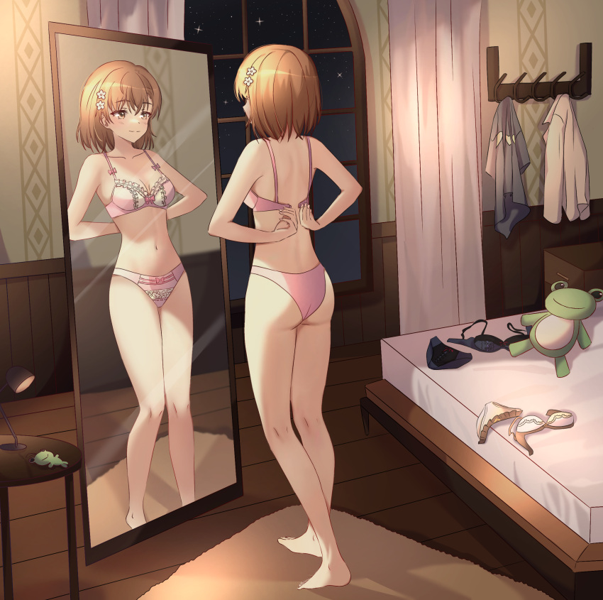 1girl absurdres ass bedroom flower gekota hair_flower hair_ornament highres light_smile lingerie looking_at_mirror mahou_shoujo_madoka_magica mirror misaka_mikoto night night_sky non-web_source panties reflection sky star_(sky) toaru_kagaku_no_railgun toaru_majutsu_no_index underwear