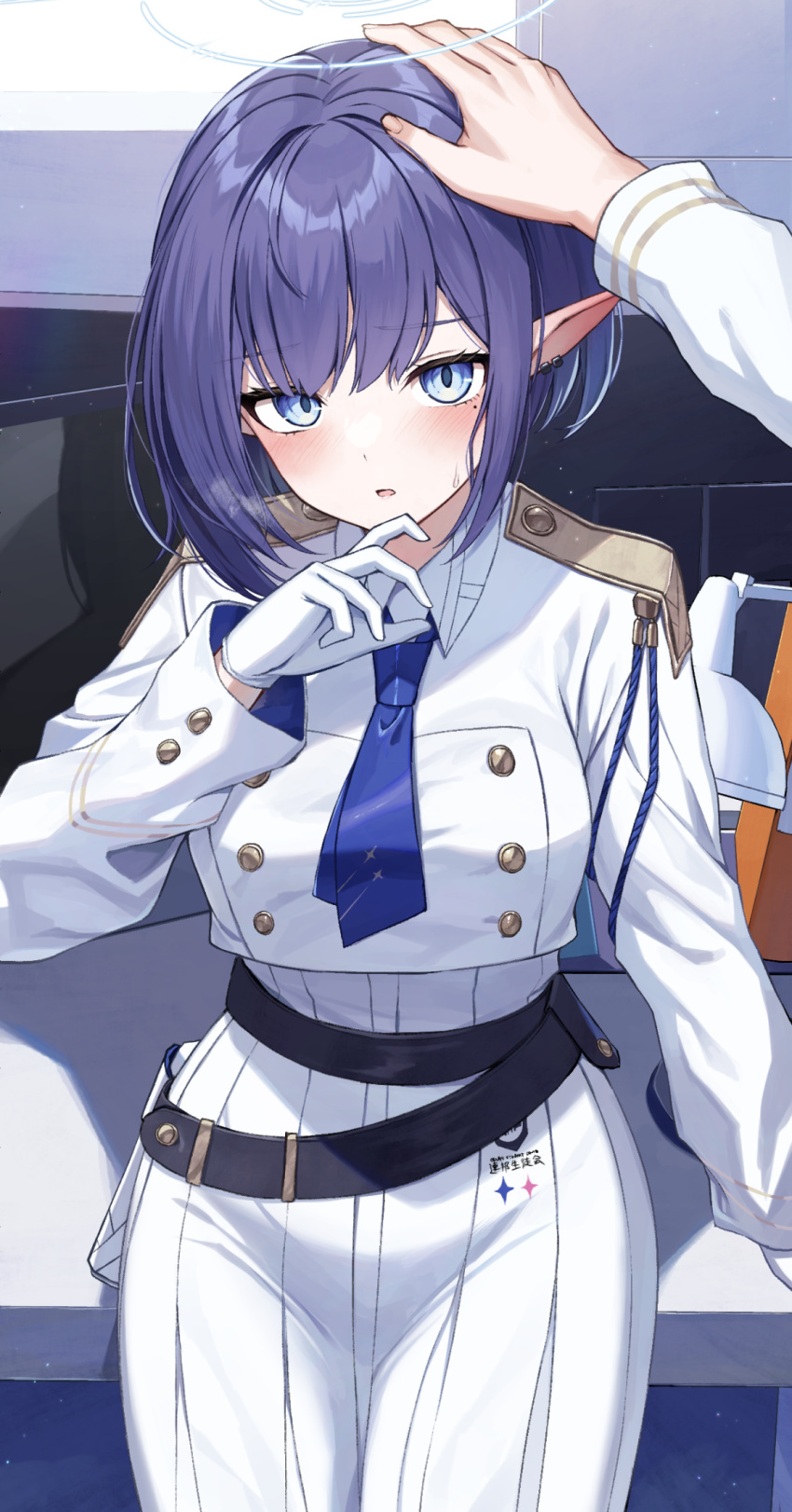 1boy 1girl aoi_(blue_archive) ascot belt black_belt blue_archive blue_ascot blue_eyes blue_hair blue_halo blush commentary_request ear_piercing gloves halo highres kurousagi_yuu long_hair long_sleeves looking_at_viewer mole mole_under_eye petting piercing pointy_ears short_hair solo_focus white_gloves white_uniform