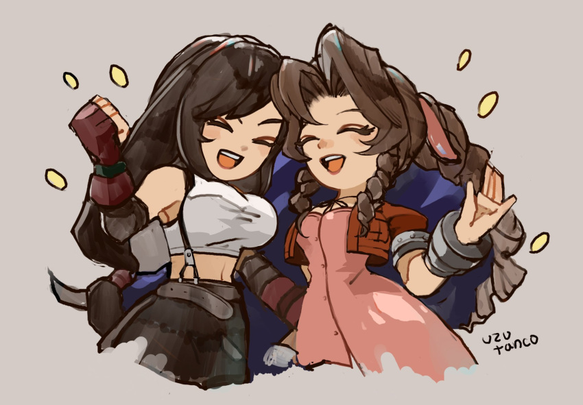 2girls aerith_gainsborough artist_name bare_shoulders belt black_hair black_skirt black_sleeves bracelet braid braided_ponytail breasts brown_hair clenched_hand closed_eyes commentary_request crop_top cropped_jacket cropped_legs detached_sleeves dress final_fantasy final_fantasy_vii fingerless_gloves gloves hair_ribbon hand_up highres jacket jewelry large_breasts long_hair low-tied_long_hair midriff multiple_girls open_clothes parted_bangs pink_dress pink_ribbon red_gloves red_jacket ribbon sidelocks simple_background skirt small_breasts smile swept_bangs tank_top teeth tifa_lockhart upper_body upper_teeth_only uzutanco white_tank_top