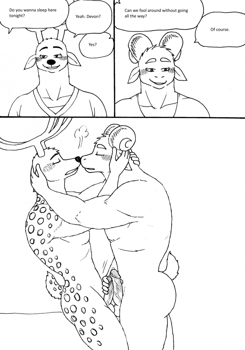 2023 5_fingers anthro anthro_on_anthro antlers bernielover bernielover's_college_au blush bodily_fluids bovid butt caprine clothed clothing comic deer devon_(bernielover) dialogue dripping duo english_text erection eyes_closed fingers frottage fur genital_fluids genitals hand_on_face hi_res horn humanoid_hands male male/male mammal monochrome muscular muscular_anthro muscular_male nude penis precum precum_drip sex shirt smile speech_bubble spots spotted_body spotted_fur text topwear whitney_(bernielover)