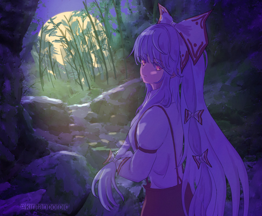 1girl :| absurdres artist_name bamboo bamboo_forest bow breasts closed_mouth collared_shirt commentary_request forest fujiwara_no_mokou full_moon hair_bow hair_ribbon highres imperishable_night kiritanpo117 long_hair looking_at_viewer looking_back medium_breasts moon moonlight moss nature night night_sky outdoors pants red_eyes red_pants ribbon rock scenery shirt sidelocks sky solo suspenders touhou upper_body very_long_hair watermark white_hair white_shirt