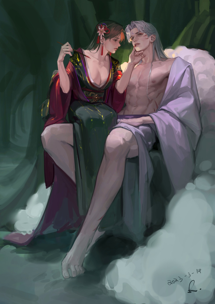 1boy 1girl abs absurdres barefoot breasts brown_hair cleavage couple dated demon_boy earrings facial_mark flower forehead_mark full_body grey_hair hair_flower hair_ornament hand_on_another's_chin hetero highres holding holding_brush inuyasha japanese_clothes jewelry kimono long_hair looking_at_another mahumahu3000 makeup_brush medium_breasts open_clothes open_kimono parted_bangs parted_lips pectorals red_kimono rin_(inuyasha) sesshoumaru signature sitting sitting_on_lap sitting_on_person tassel tassel_earrings toned toned_male white_kimono wide_sleeves