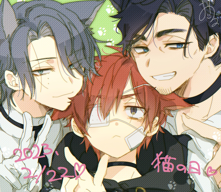 2023 3boys animal_ears bandaid bandaid_on_cheek bandaid_on_face black_hair blue_eyes brown_eyes cat_boy cat_ears eyepatch green_eyes grey_hair heart highres kajiyama_fuuta kao_ru05 kirisaki_shidou looking_at_viewer milgram mole mole_under_eye mukuhara_kazui multiple_boys paw_print red_hair short_hair translation_request