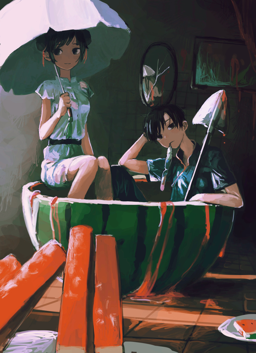 1boy 1girl 2ru4shi absurdres belt black_eyes black_hair black_shirt broken_mirror collared_shirt food fruit highres holding holding_umbrella indoors mirror original oversized_food shirt short_hair short_sleeves shovel sitting tile_floor tiles umbrella watermelon