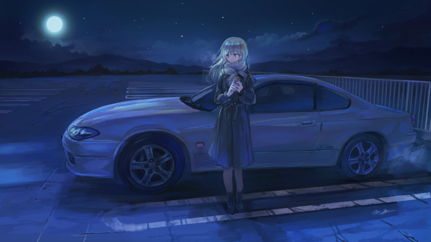 1girl ankle_boots bangs black_dress black_footwear blue_eyes boots cloud commentary_request cup disposable_cup dress drink fence full_moon highres holding holding_cup holding_drink light_brown_hair long_hair long_sleeves momo_hiki moon mountainous_horizon night night_sky original outdoors parking_lot scarf sky solo standing star_(sky) starry_sky vehicle_focus vehicle_request white_scarf