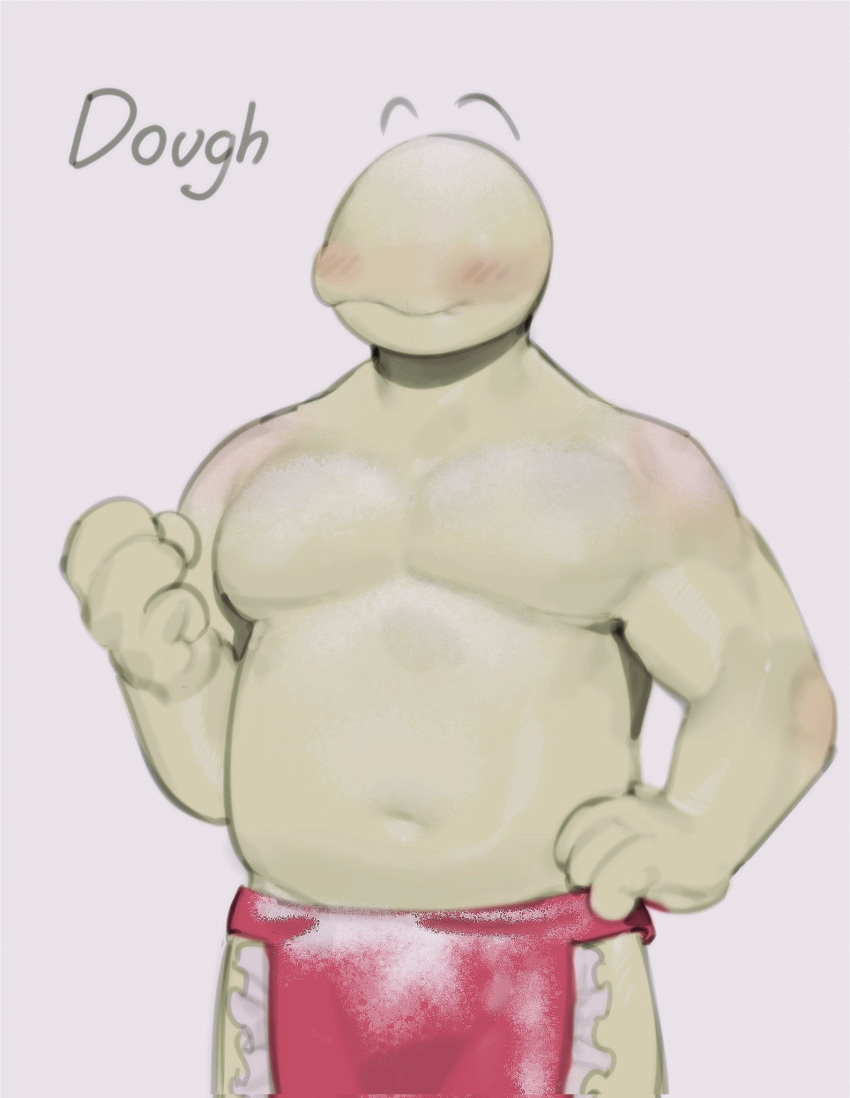 2023 belly blush bottomwear clothing digital_media_(artwork) dough english_text eyebrows food food_creature food_humanoid hi_res humanoid kogito loincloth male navel not_furry pecs simple_background slightly_chubby smile solo tan_body text white_background