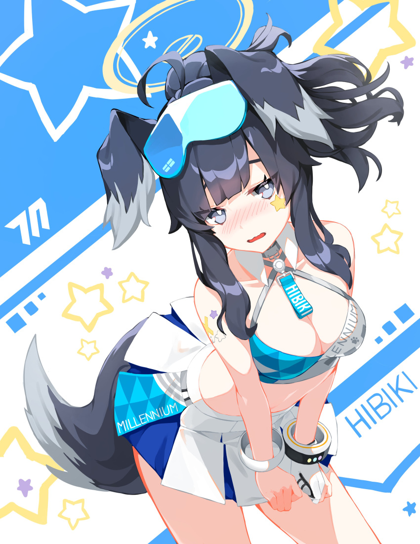 1girl absurdres animal_ears arm_support arm_tattoo bent_over black_hair blue_archive blush bracelet breasts character_name cheerleader cleavage commentary_request criss-cross_halter detached_collar dog_ears dog_tail embarrassed eyewear_on_head facial_tattoo fingerless_gloves gloves grey_eyes hair_between_eyes halo halterneck hibiki_(blue_archive) hibiki_(cheer_squad)_(blue_archive) highres honi_(honi1010) jewelry long_hair looking_at_viewer millennium_cheerleader_outfit_(blue_archive) navel official_alternate_costume official_alternate_hairstyle pleated_skirt ponytail sidelocks simple_background single_glove skirt sleeveless solo star_tattoo stomach sunglasses tail tattoo white_gloves