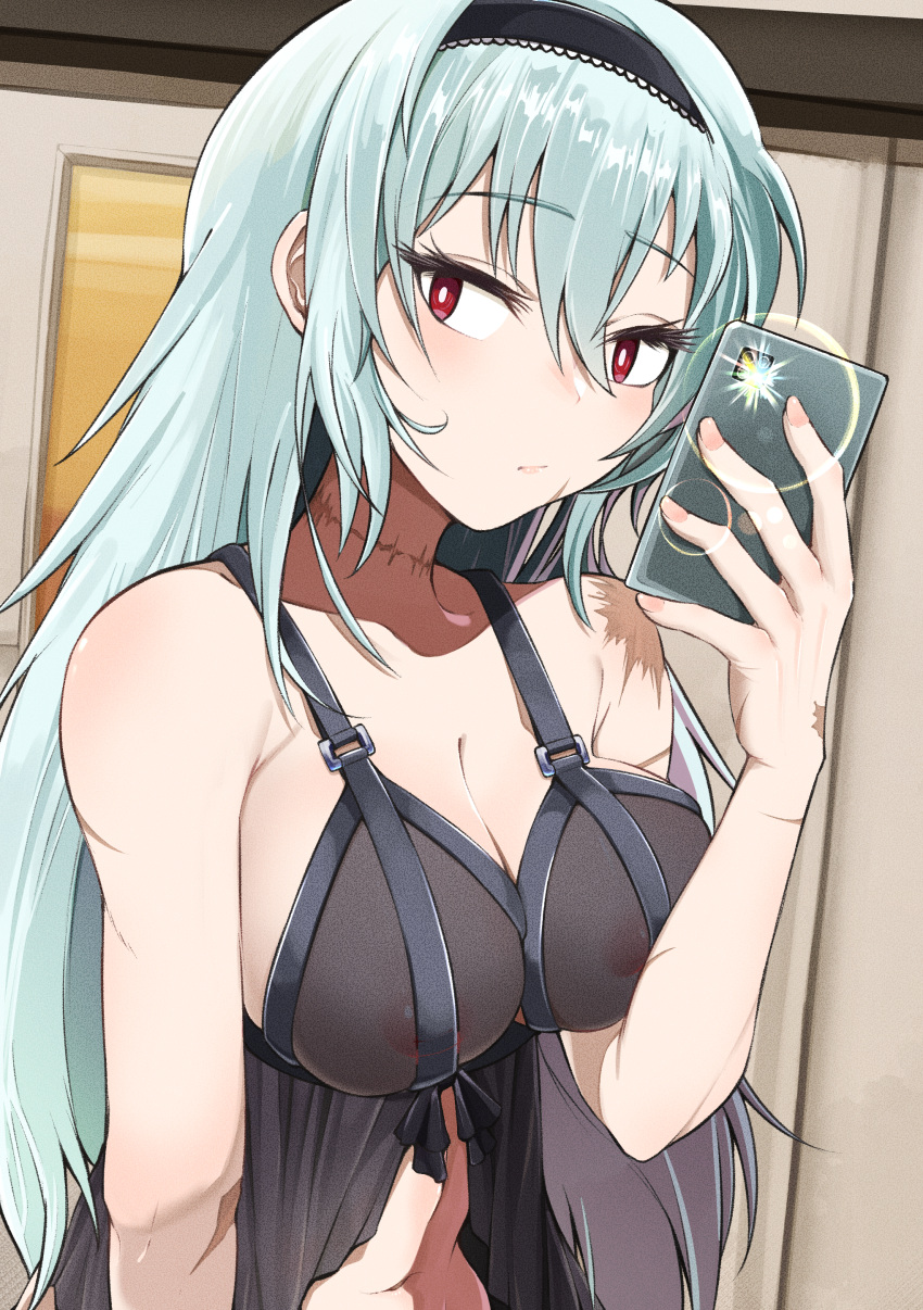 1girl absurdres alternate_language babydoll black_babydoll blue_hair breasts camera_flash cleavage closed_mouth collarbone commentary_request covered_nipples girls'_frontline hair_between_eyes hairband highres holding holding_phone kuzumotsu large_breasts lingerie long_hair looking_at_viewer midriff multiple_scars navel nipples partial_commentary phone red_eyes scar scar_on_neck see-through see-through_shirt selfie solo thunder_(girls'_frontline) underwear